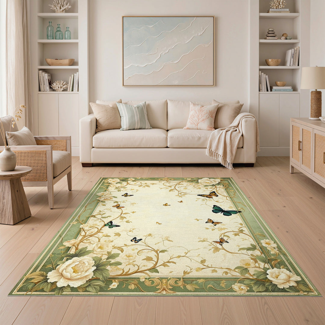 Green Floral Butterfly Vintage Area Rug