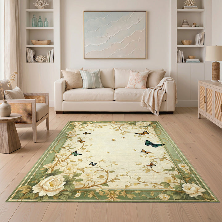 Green Floral Butterfly Vintage Area Rug