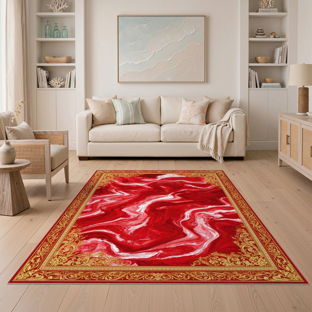 Red Marble Ornate Persian Area Rug