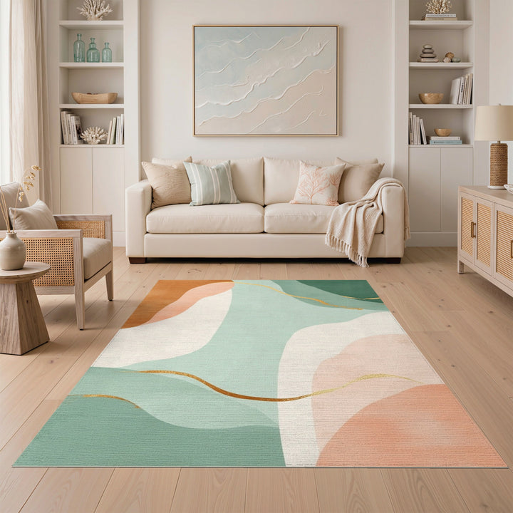 Abstract Teal Area Rug with Gold Accents