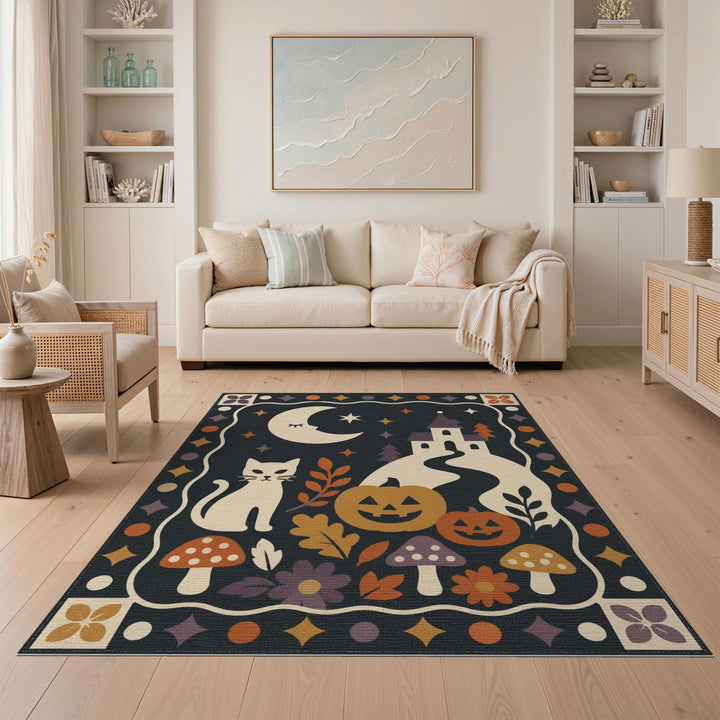 Whimsical Halloween Cat Castle Area Rug