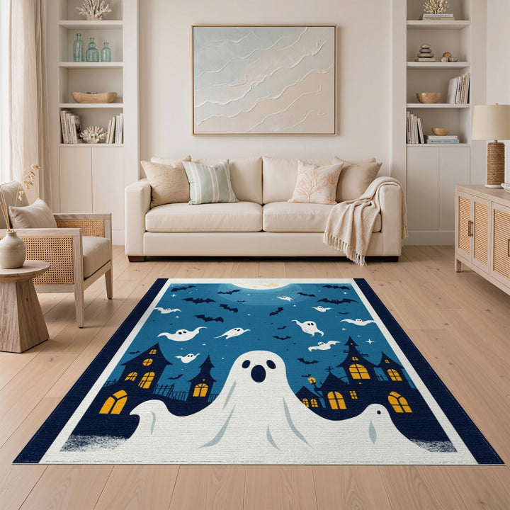 Halloween Ghosts and Bats Blue Area Rug