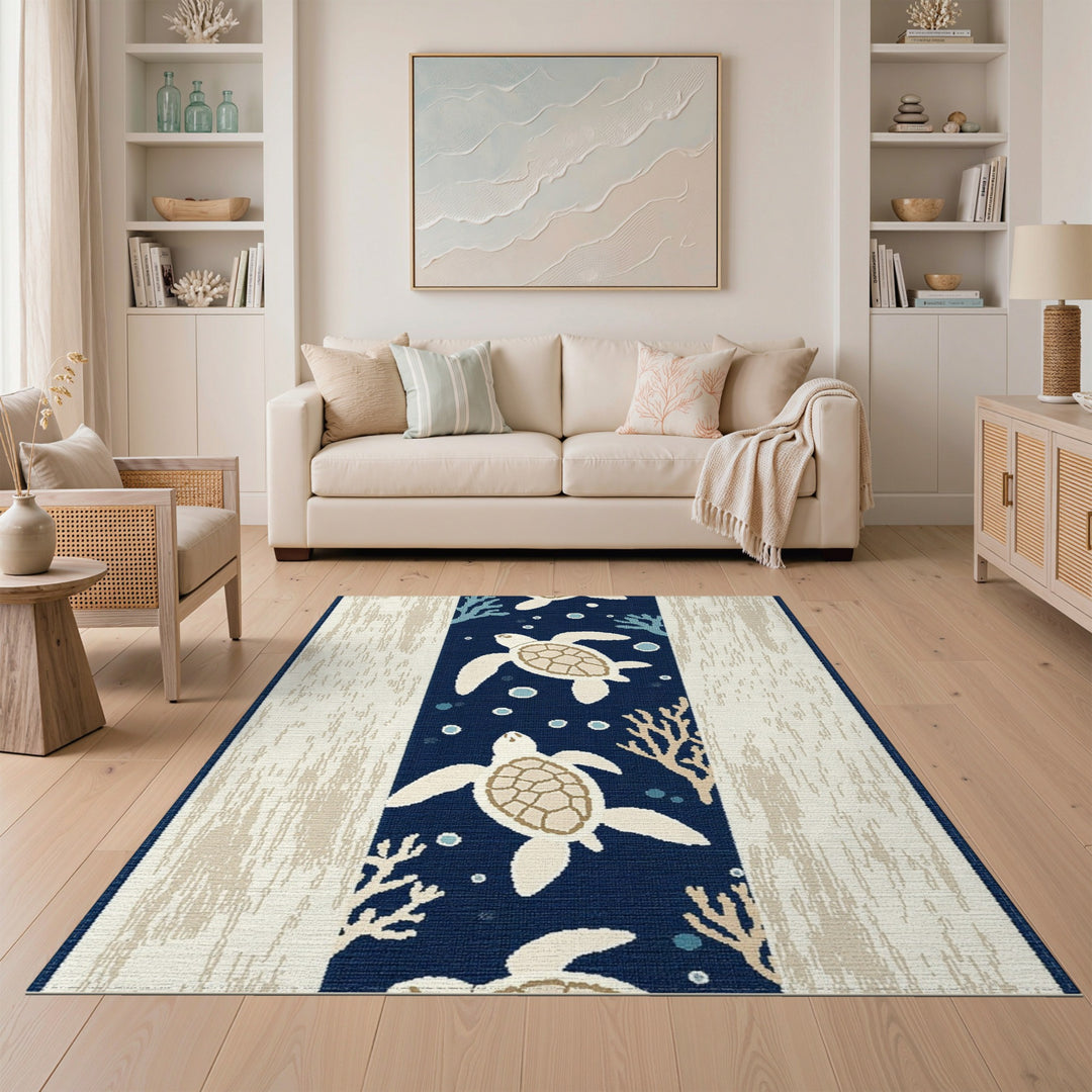 Coastal Beach Coastal Sea Turtle Navy Area Rug