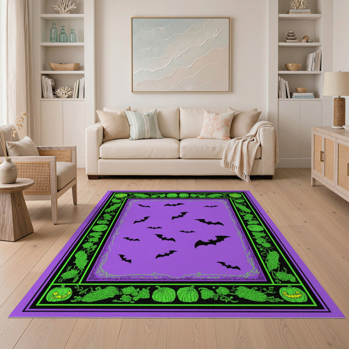 Purple Bats and Pumpkins Halloween Area Rug