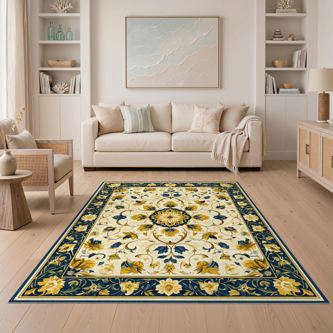 Blue and Gold Floral Medallion Area Rug