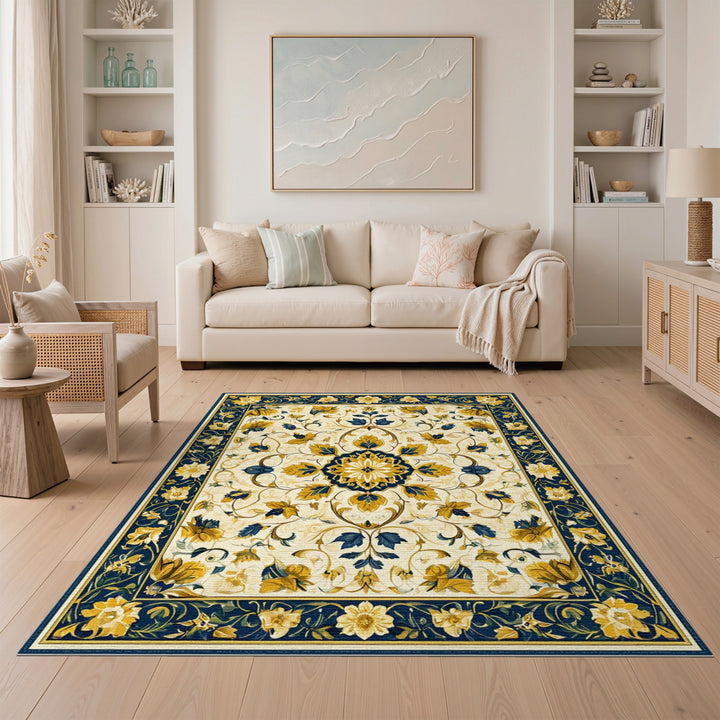 Blue and Gold Floral Medallion Area Rug