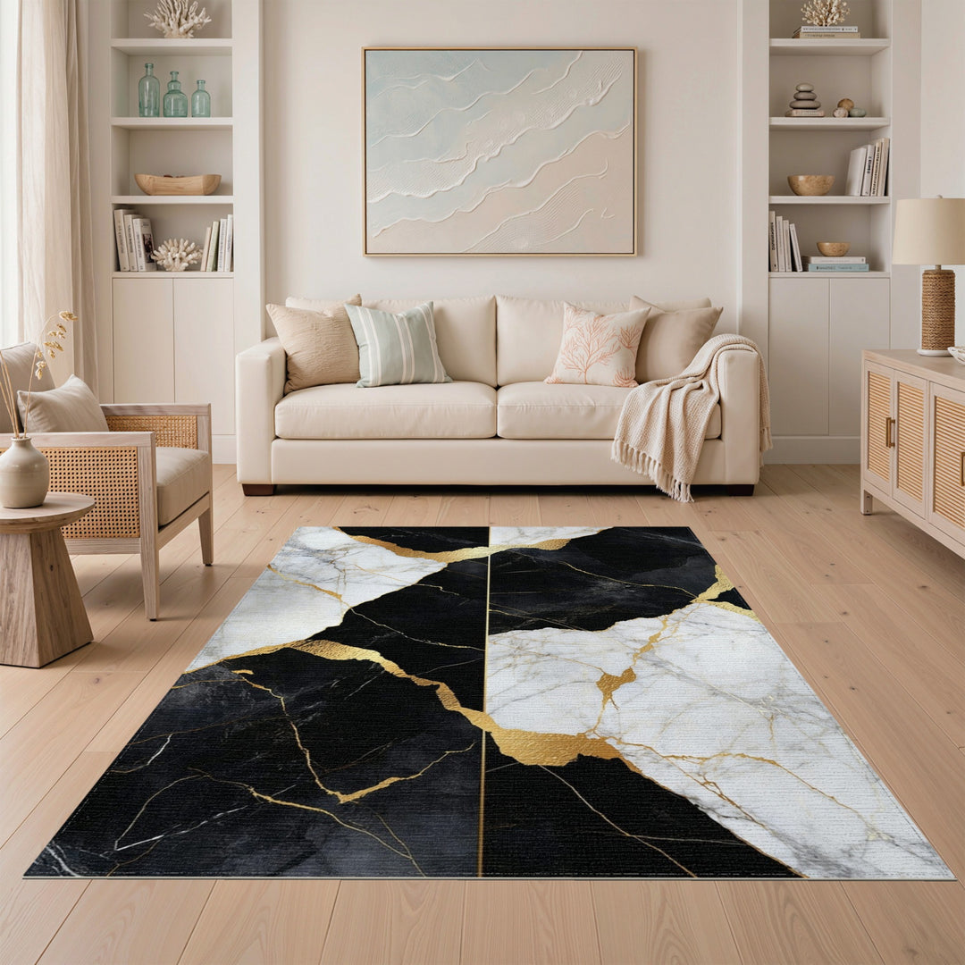 Black and White Black White Marble Gold Area Rug