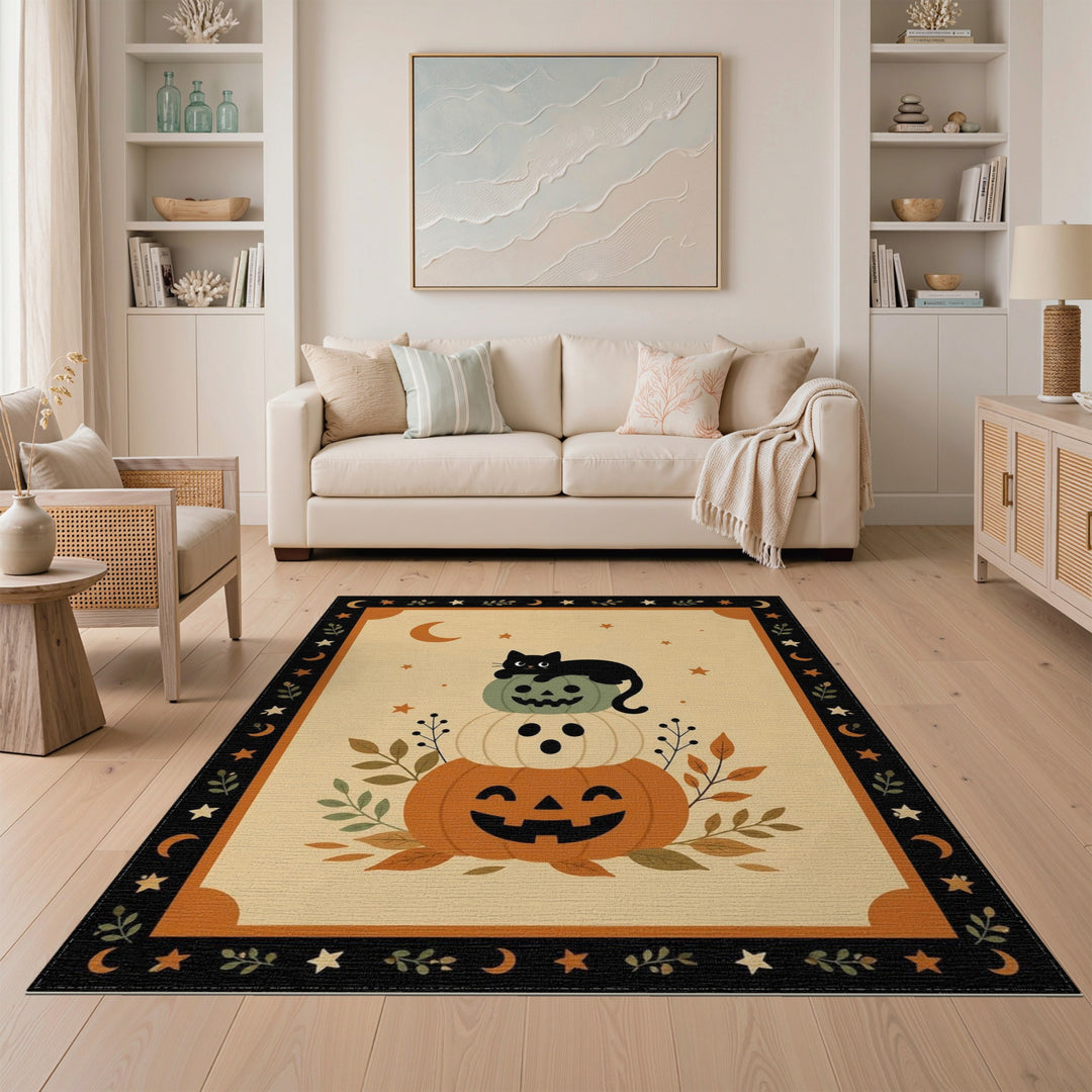 Stacked Pumpkin Cat Halloween Area Rug