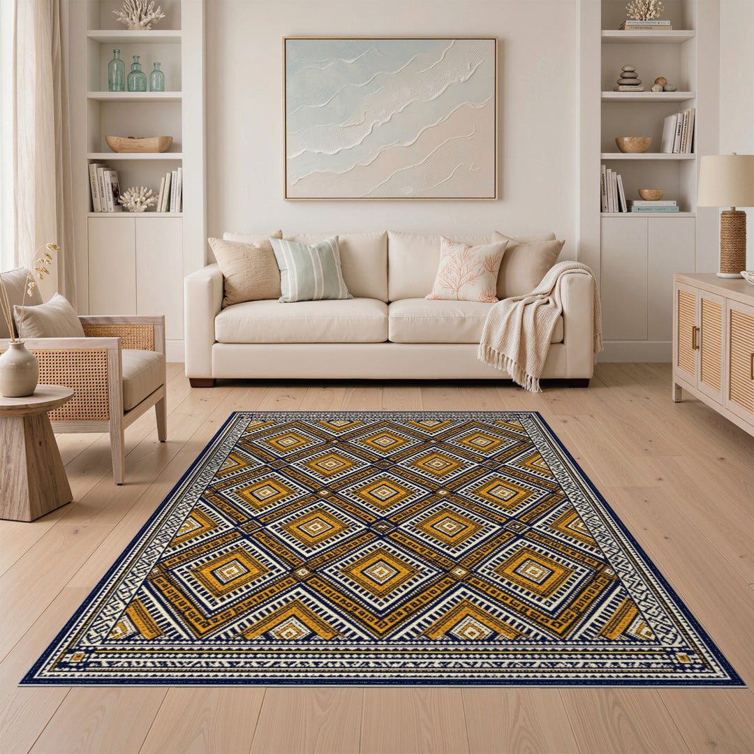 Navy Blue Yellow Geometric Tribal Area Rug
