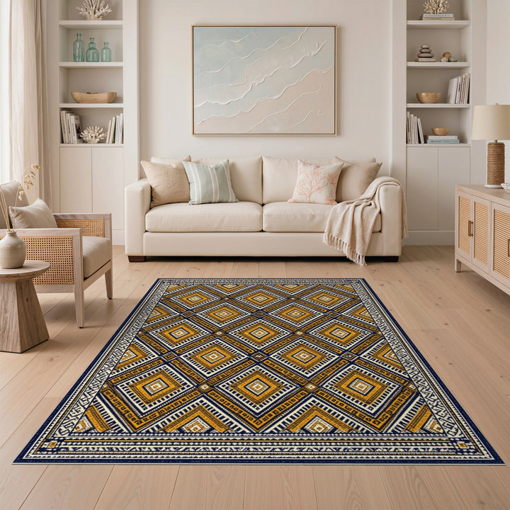 Navy Blue Yellow Geometric Tribal Area Rug