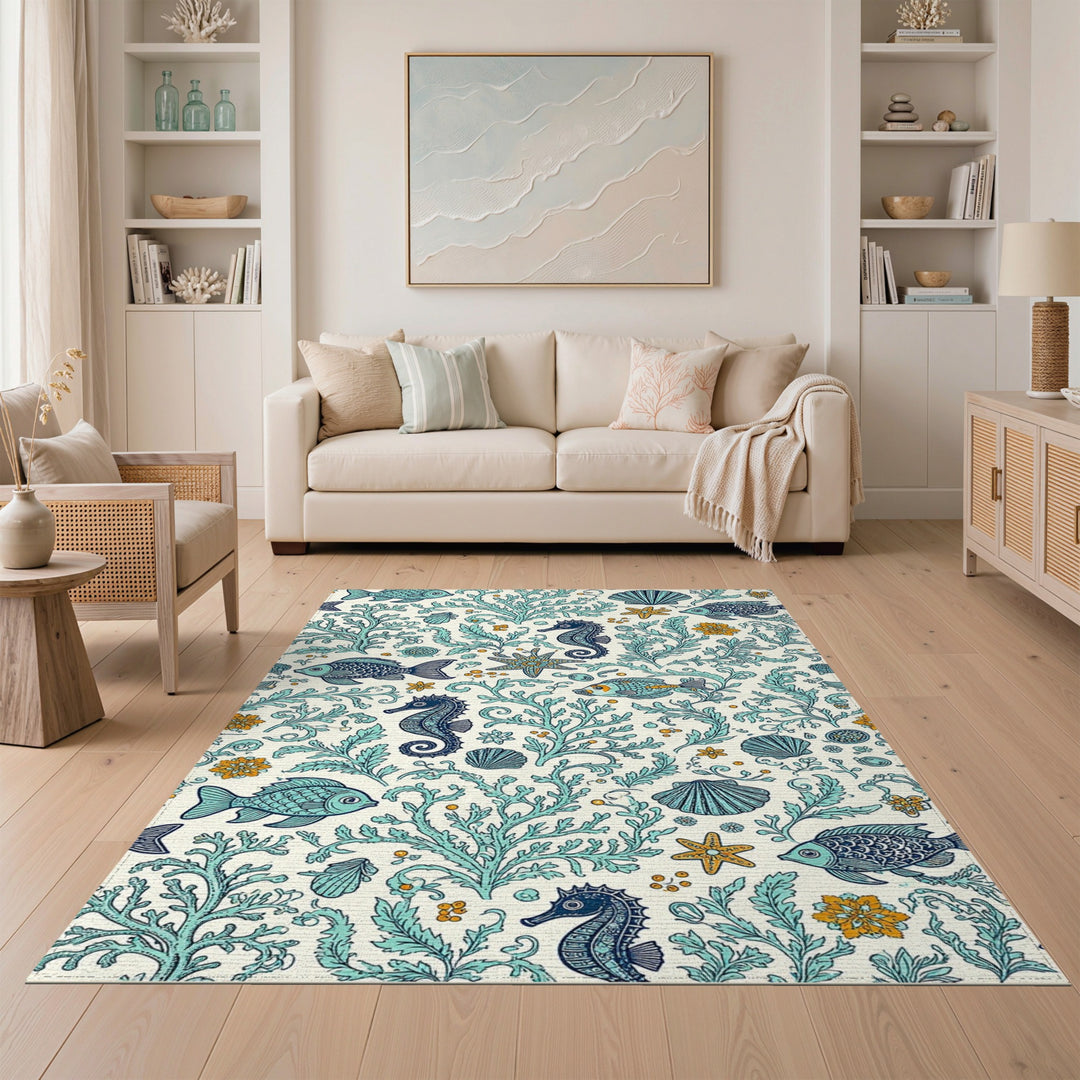 Blue Teal Seahorse Coastal Area Rug