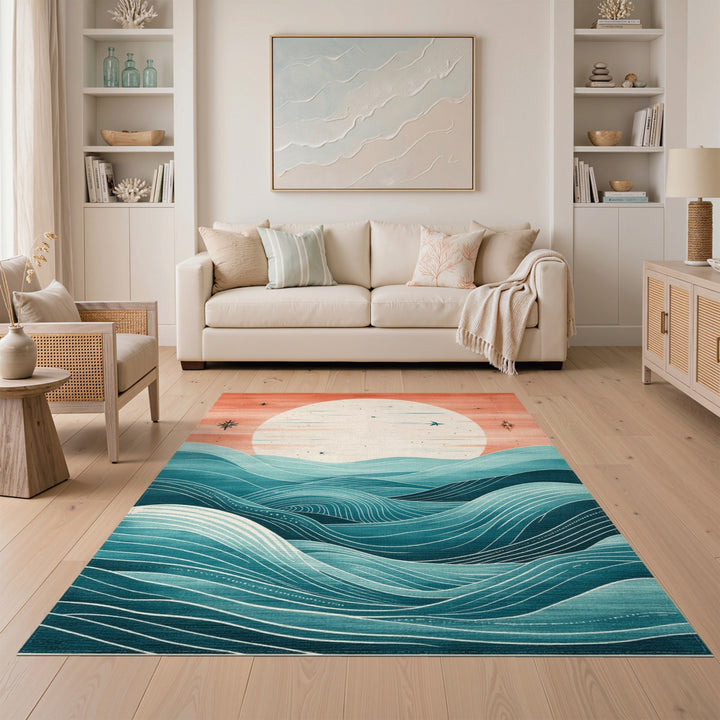 Teal Coastal Sunset Wave Area Rug
