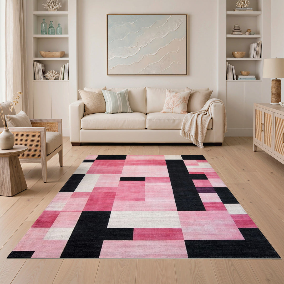 Pink Black Geometric Area Rug