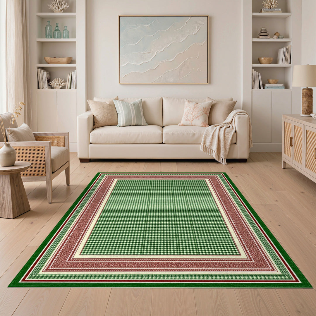 Green Checkered Area Rug with Red Border