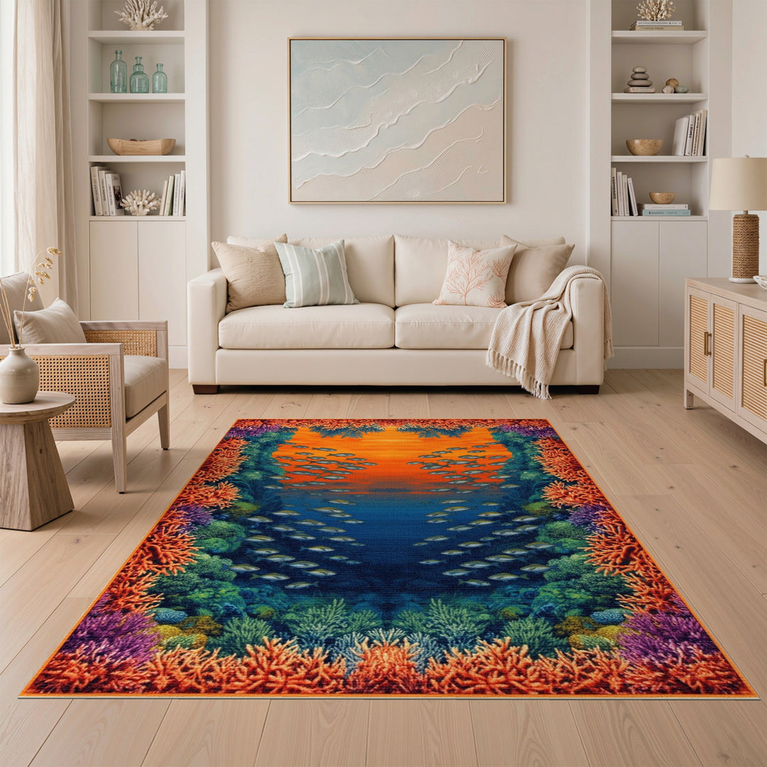 Coastal Beach Multi-color and Patterns Vibrant Coral Reef Fish Area Rug