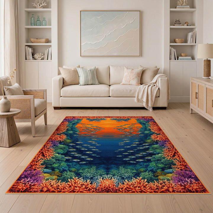 Coastal Beach Multi-color and Patterns Vibrant Coral Reef Fish Area Rug