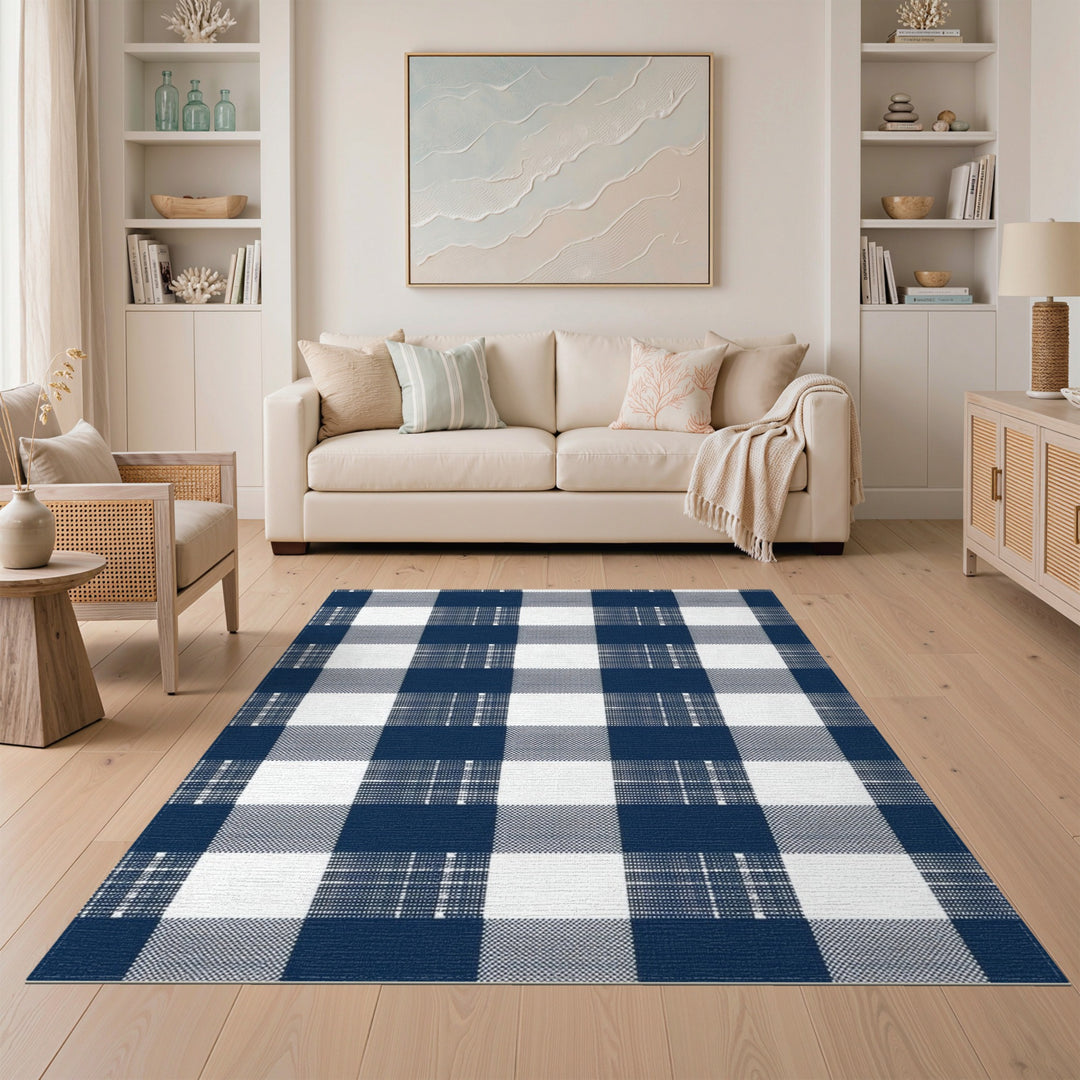 Blue and Teal Navy Checkered Washable Area Rug