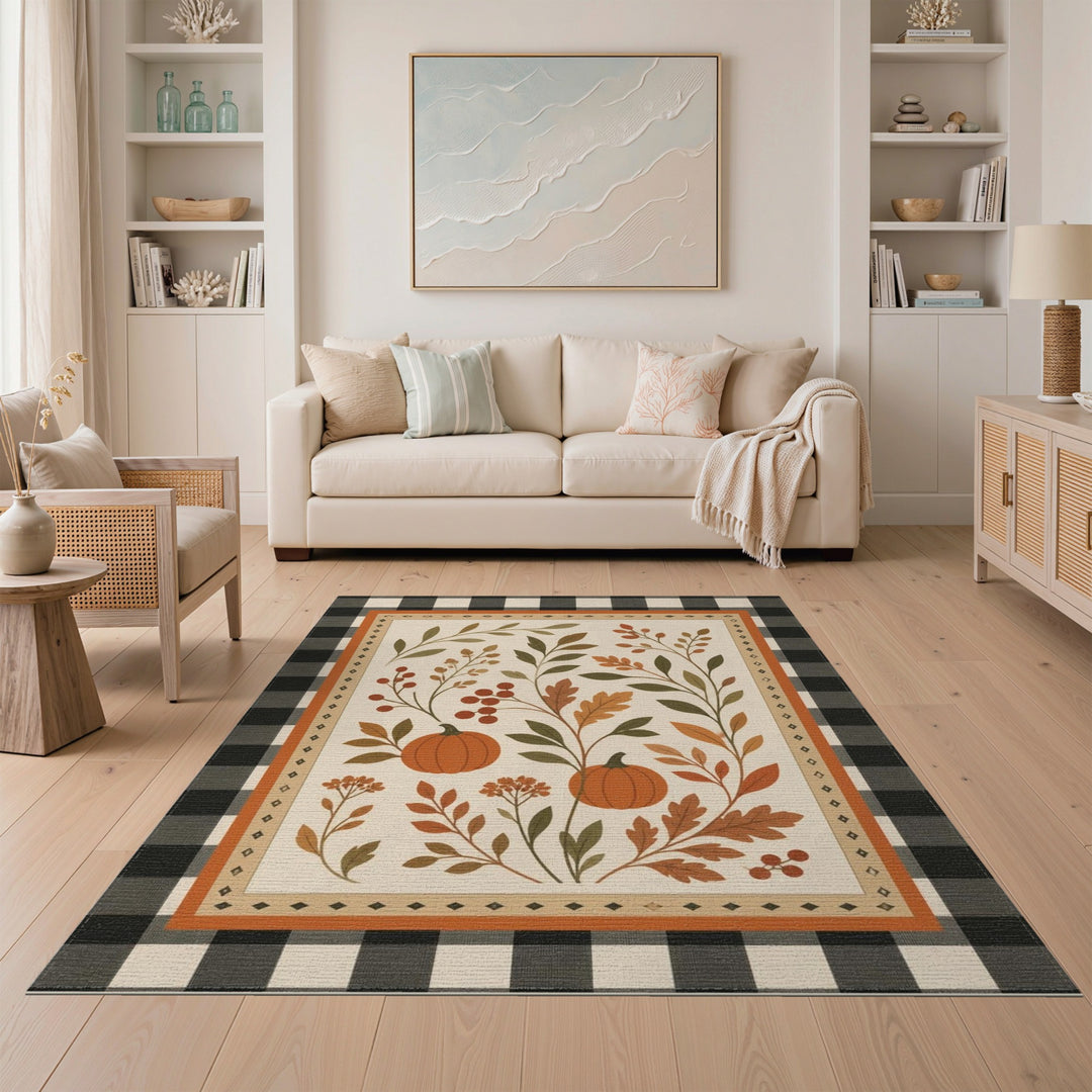 Rustic Farmhouse Multi-color and Patterns Autumn Pumpkin Harvest Area Rug