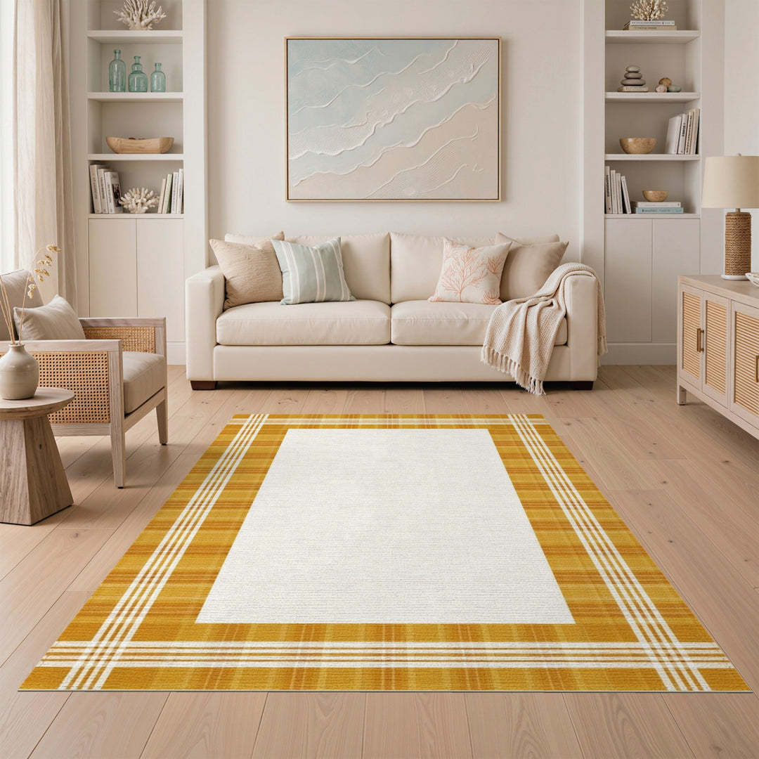 Yellow Plaid Border Washable Area Rug