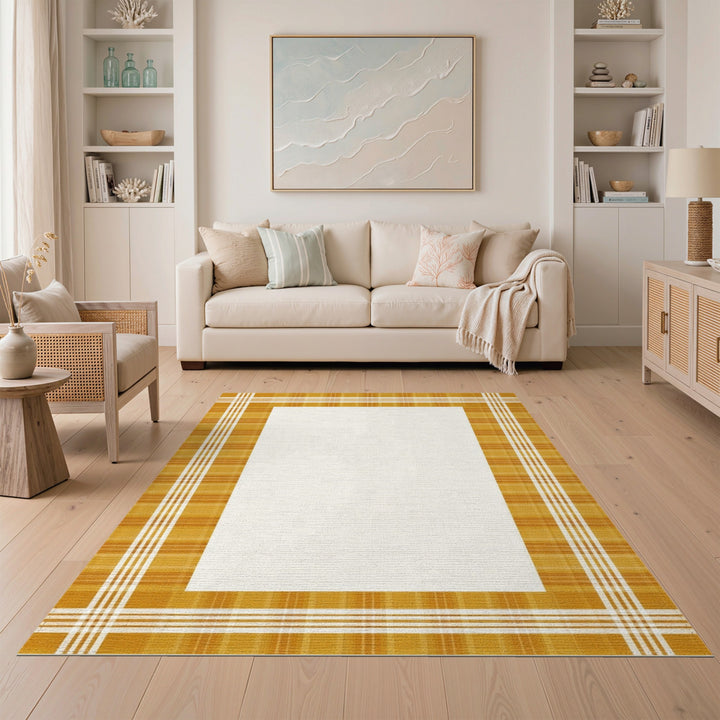 Yellow Plaid Border Washable Area Rug