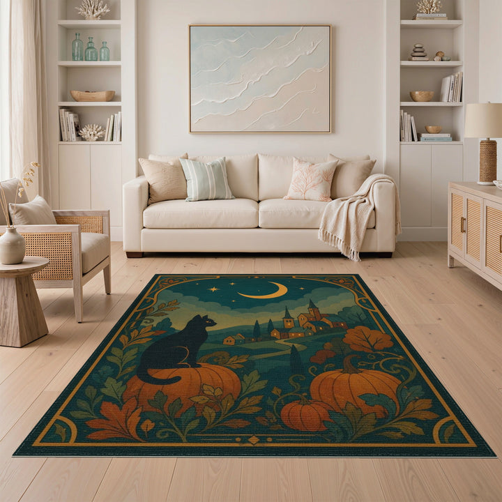 Black Cat Pumpkin Moon Area Rug
