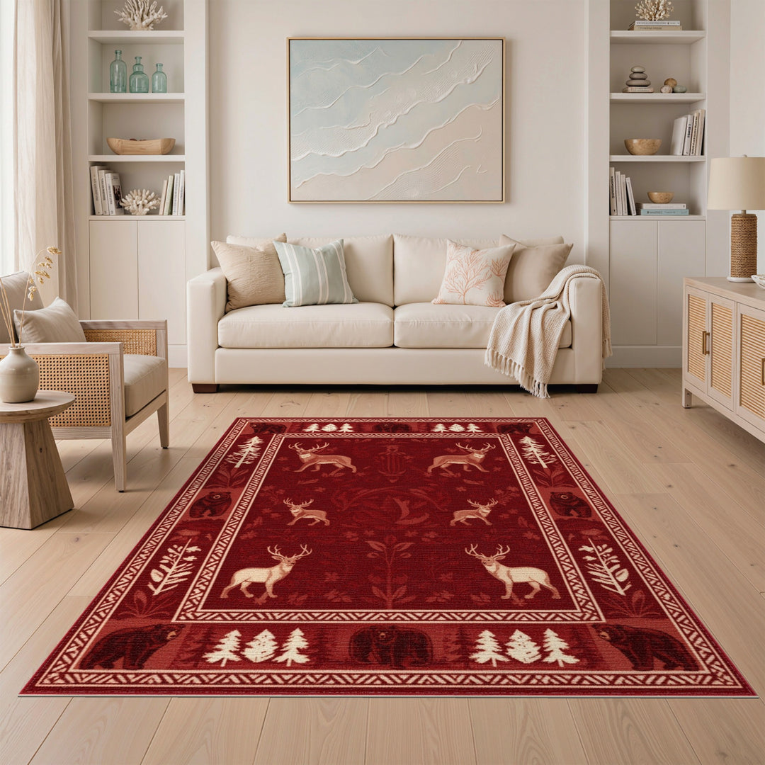 Red Rustic Bear Deer Woodland Area Rug