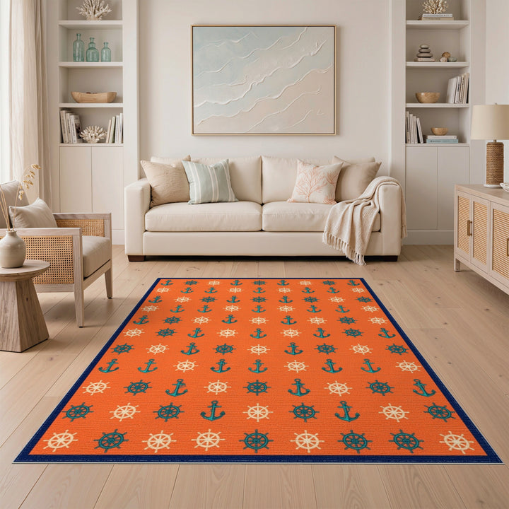 Orange Nautical Anchor and Wheel Area Rug