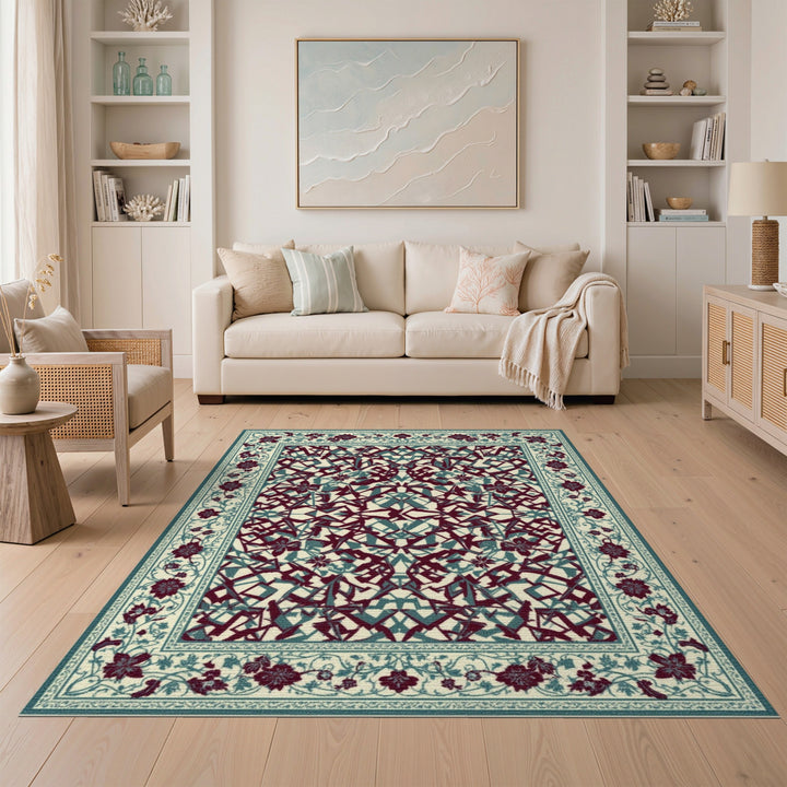 Teal Geometric Area Rug with Floral Border