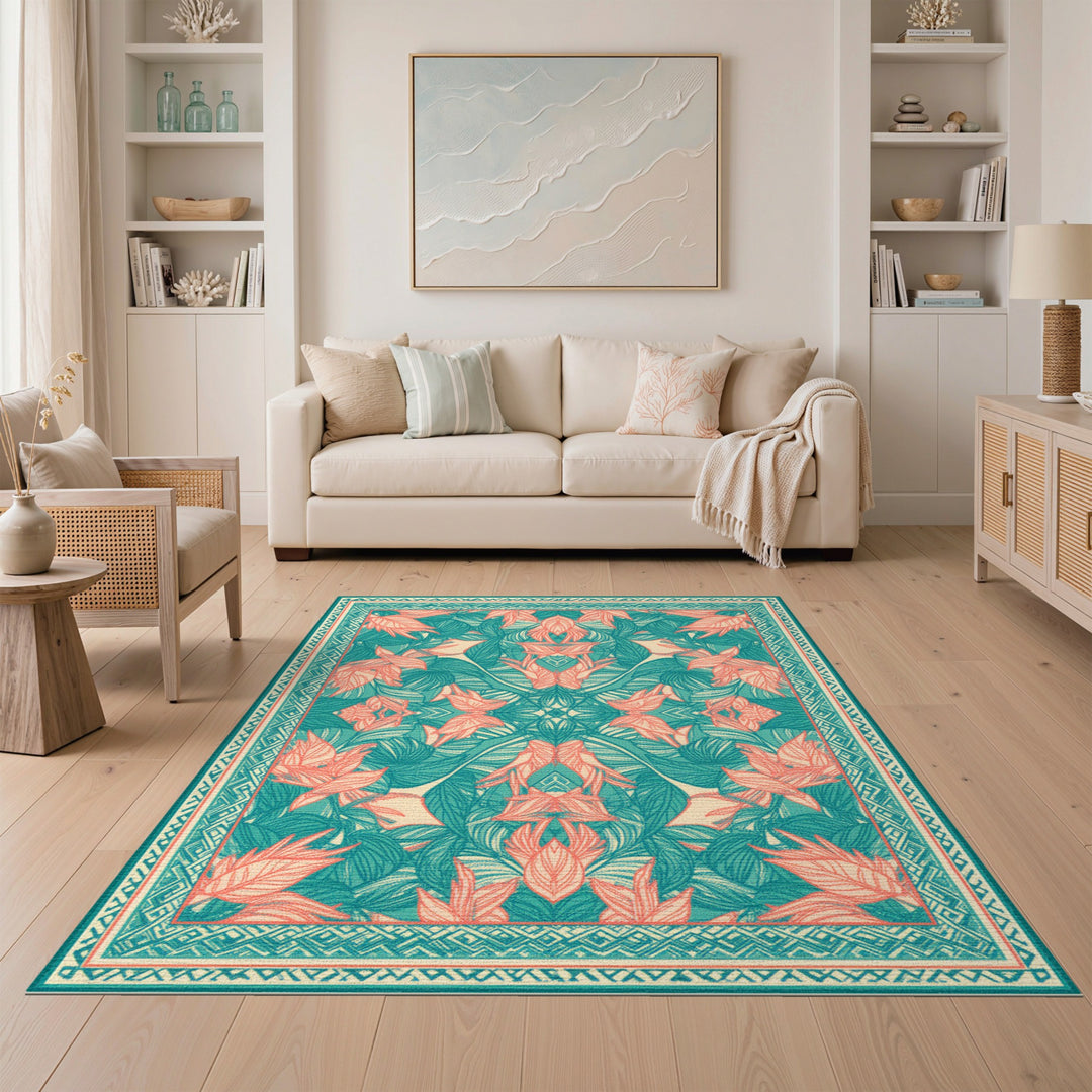 Teal Coral Leaf Botanical Area Rug