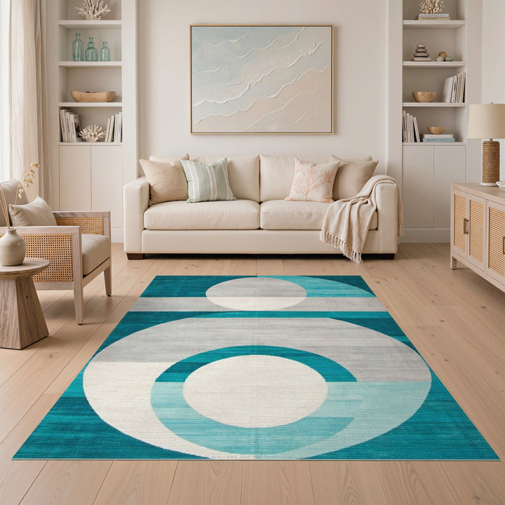 Blue and Teal Geometric Circles Modern Area Rug
