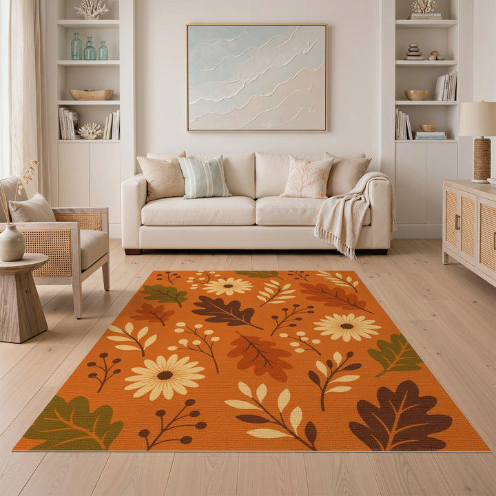 Orange Autumn Floral Area Rug with Daisies