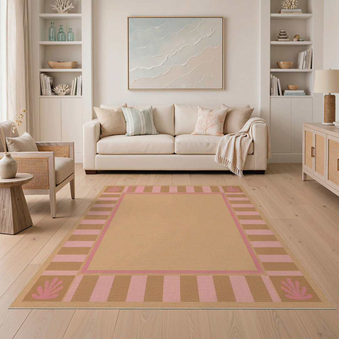 Pink Shell Brown Stripe Beige Area Rug