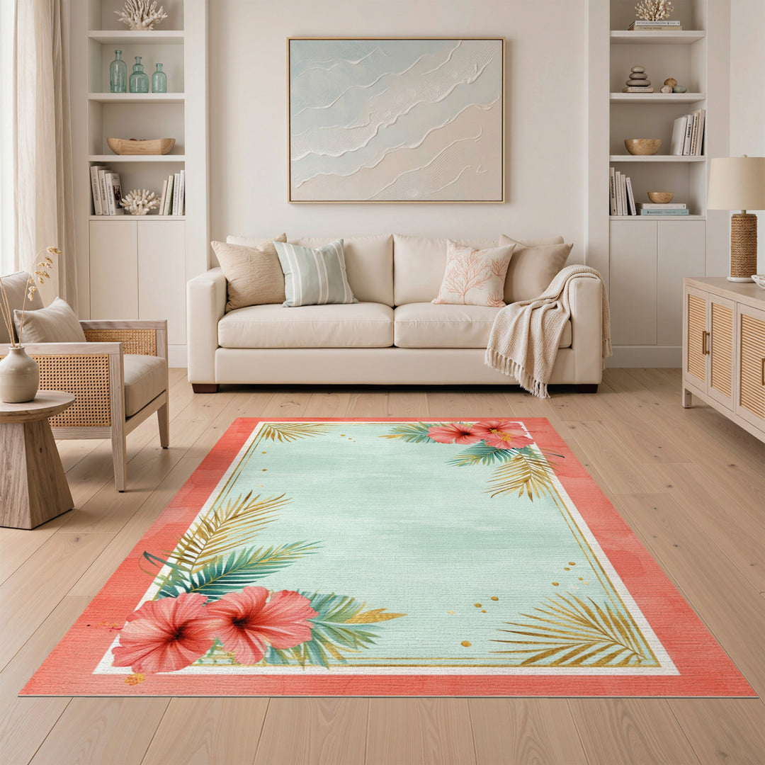 Coral Hibiscus Gold Palm Washable Area Rug