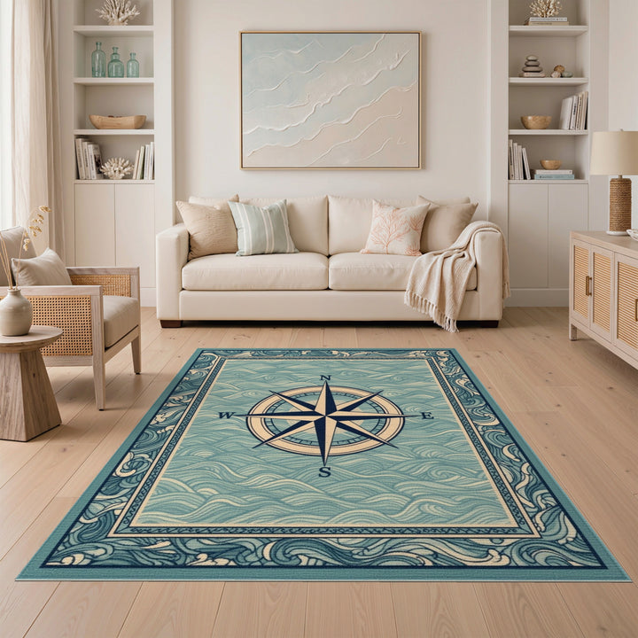 Coastal Compass Blue Area Rug