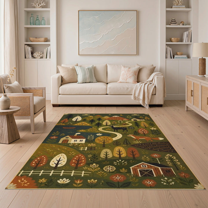 Rustic Woodland Scene Washable Area Rug