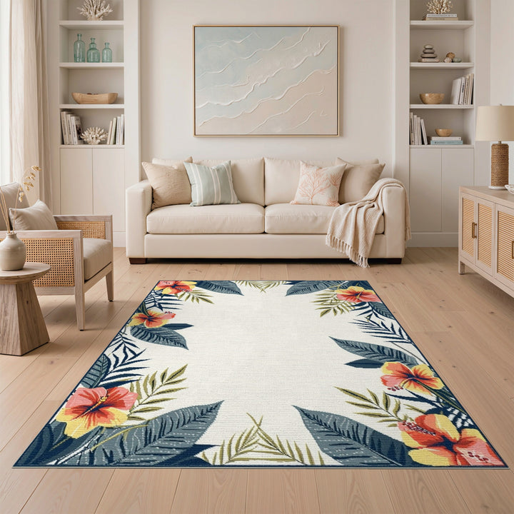 Hibiscus Floral Border Washable Area Rug