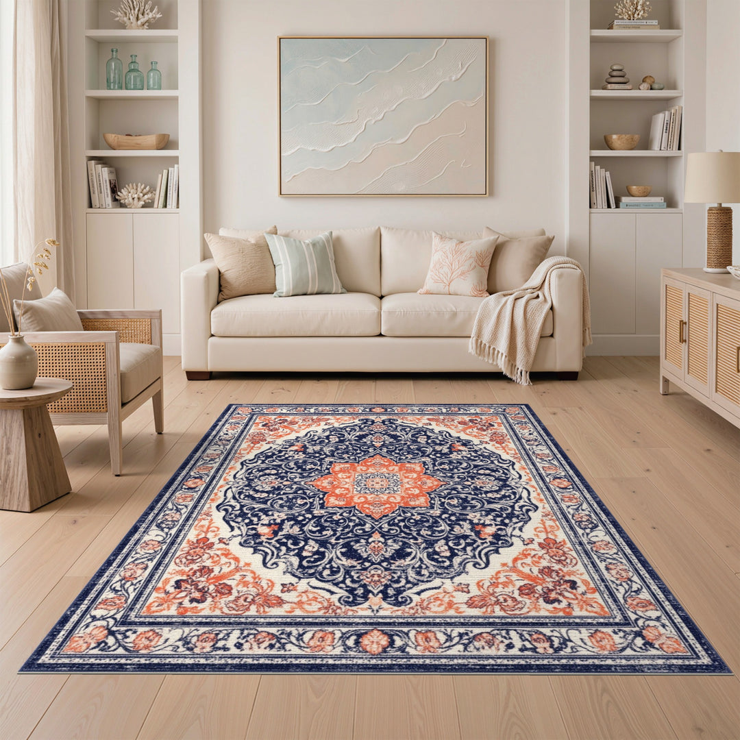 Traditional Persian Navy and Orange Area Rug