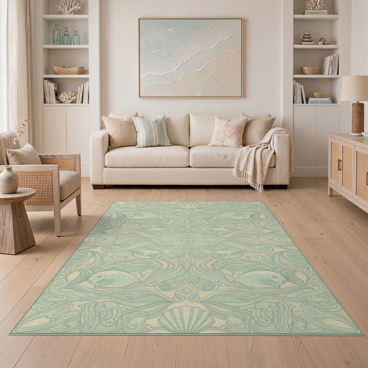 Teal Fish and Shells Coastal Area Rug
