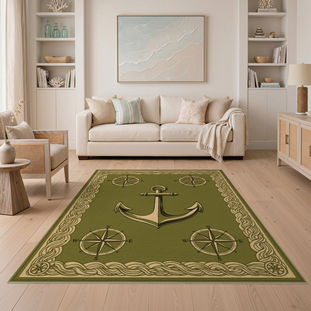 Green Nautical Anchor Area Rug