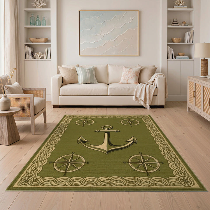 Green Nautical Anchor Area Rug