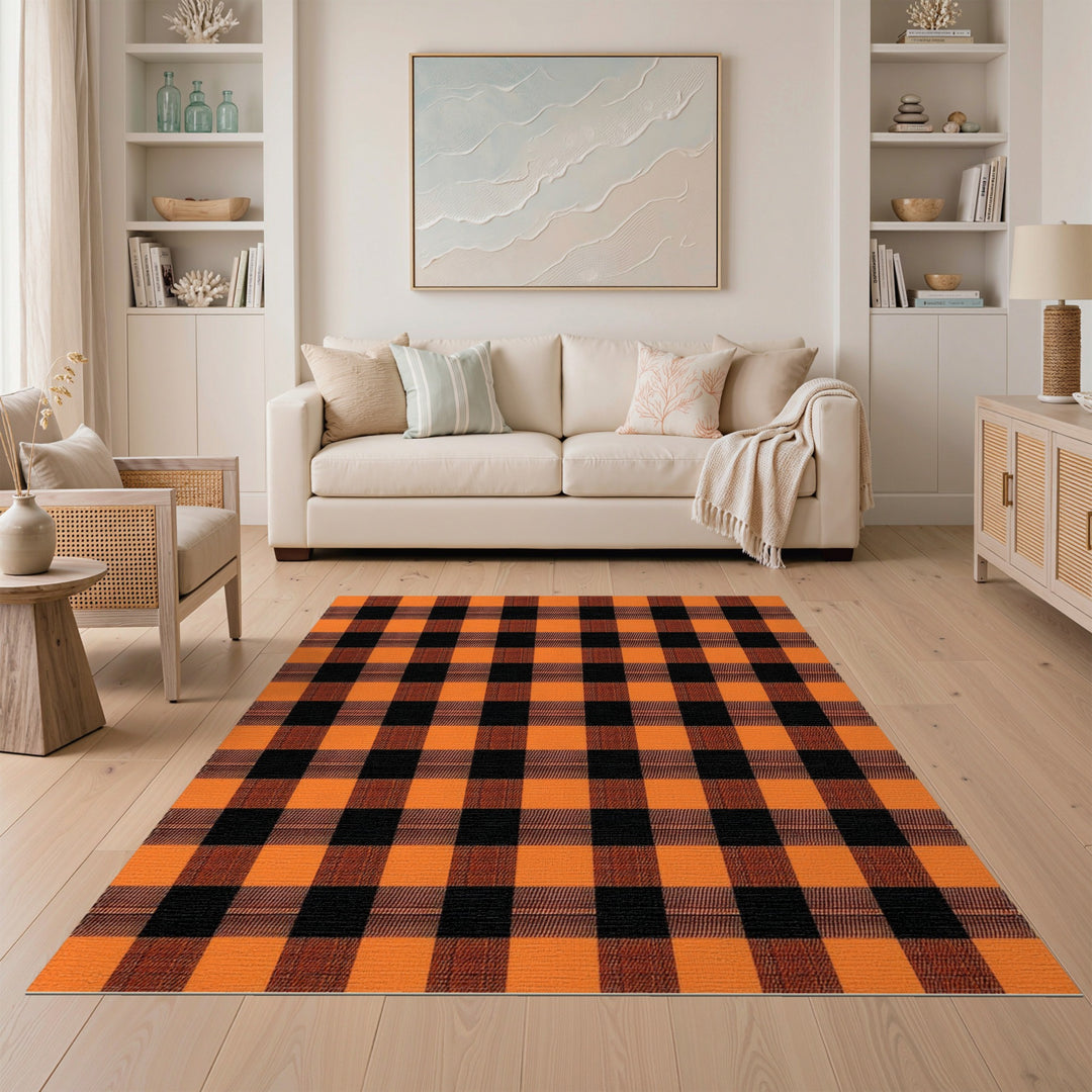 Bold Orange Black Checkered Area Rug