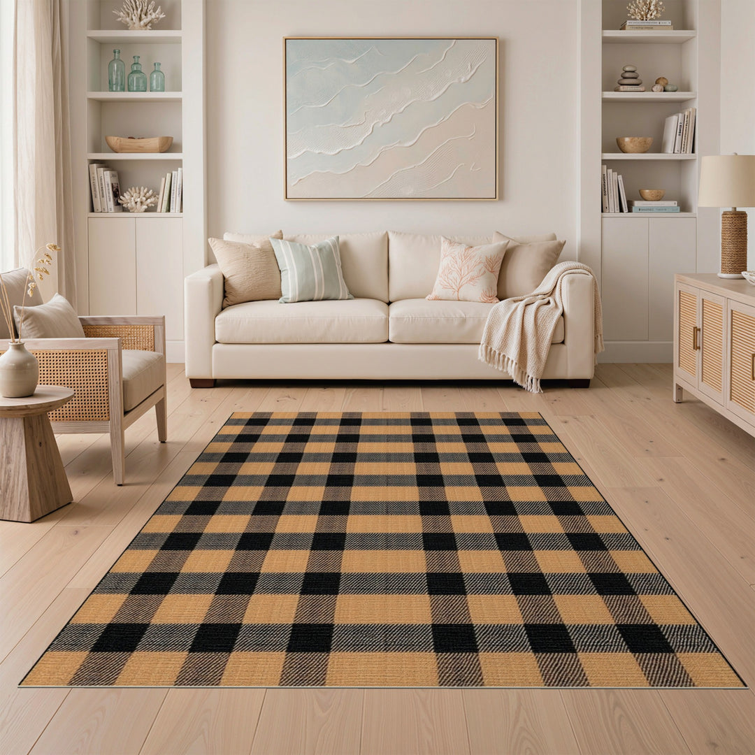 Black and Tan Checkered Area Rug
