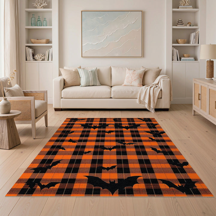 Orange Plaid Bat Silhouette Area Rug