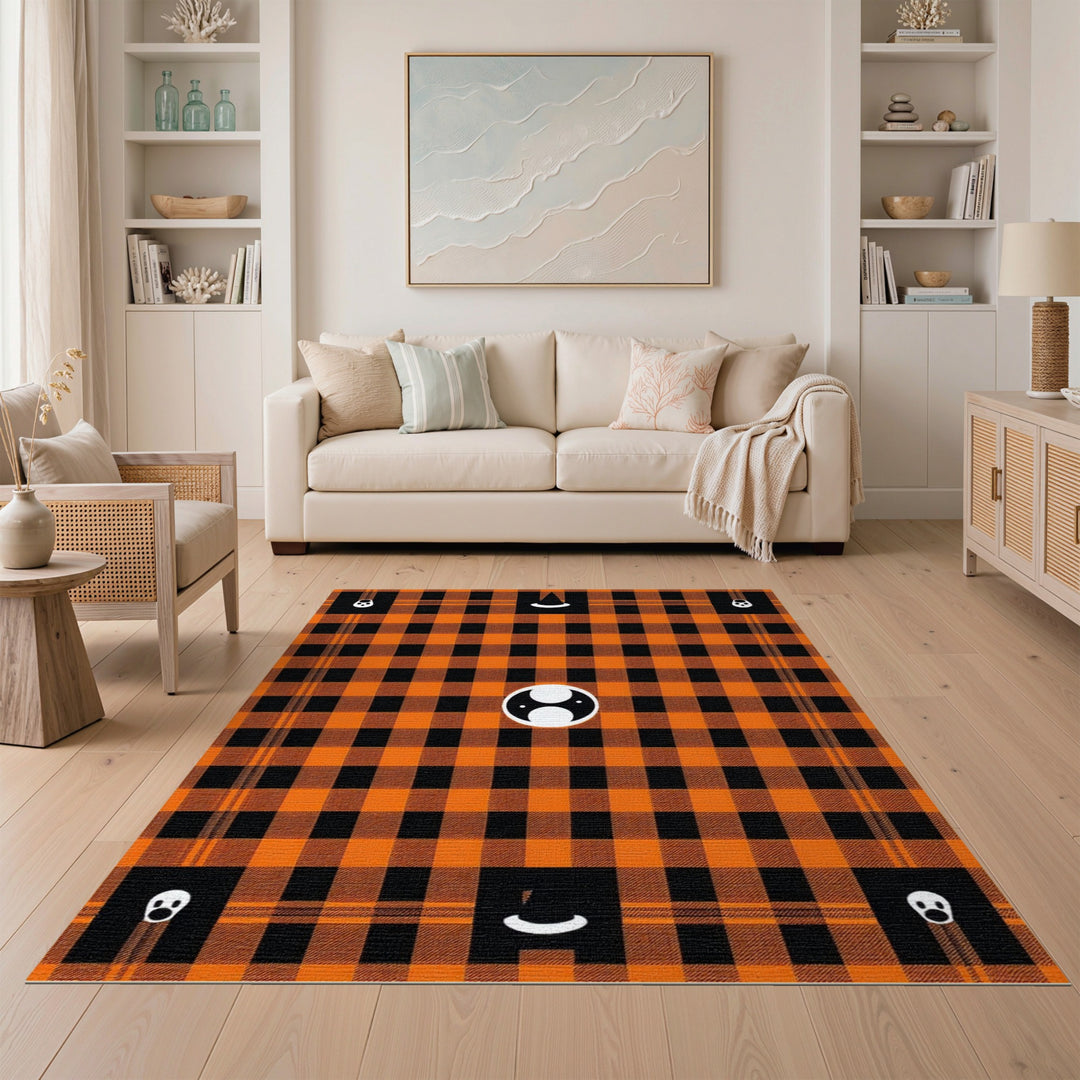 Orange Black Plaid Halloween Ghost Area Rug