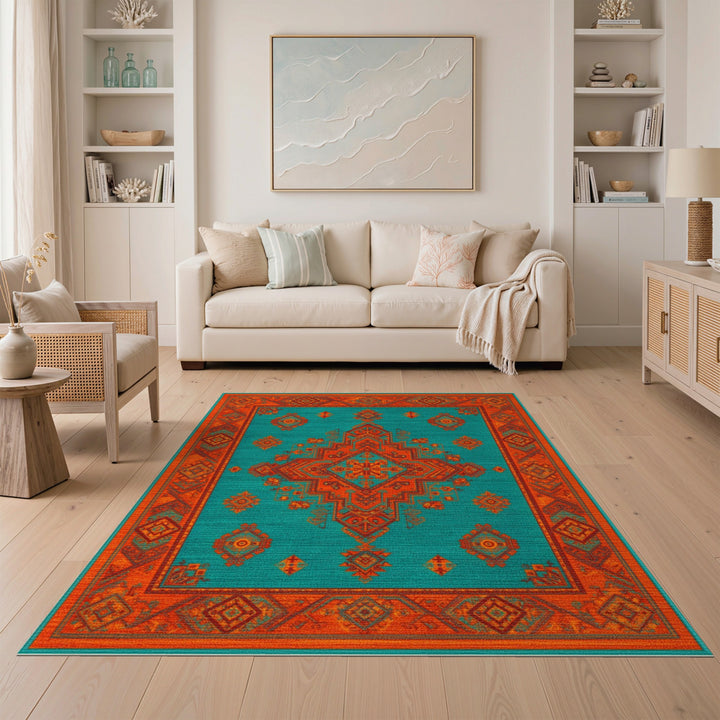 Bold Teal Southwestern Area Rug