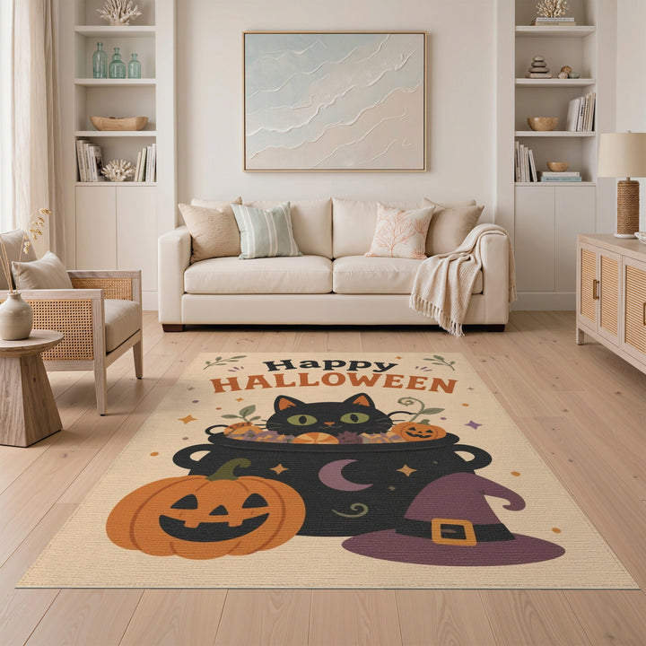 Happy Halloween Black Cat Cauldron Area Rug