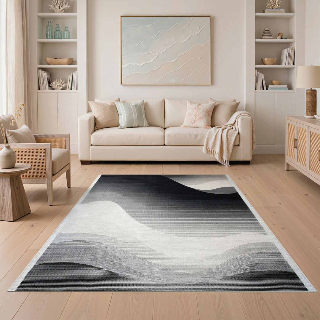 Black White Abstract Wave Area Rug