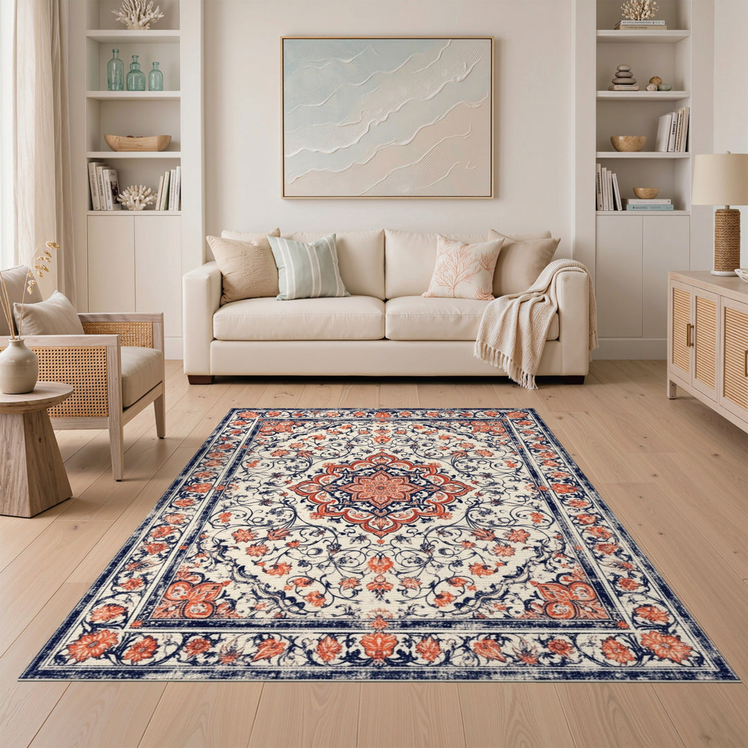 Red Floral Medallion Distressed Area Rug