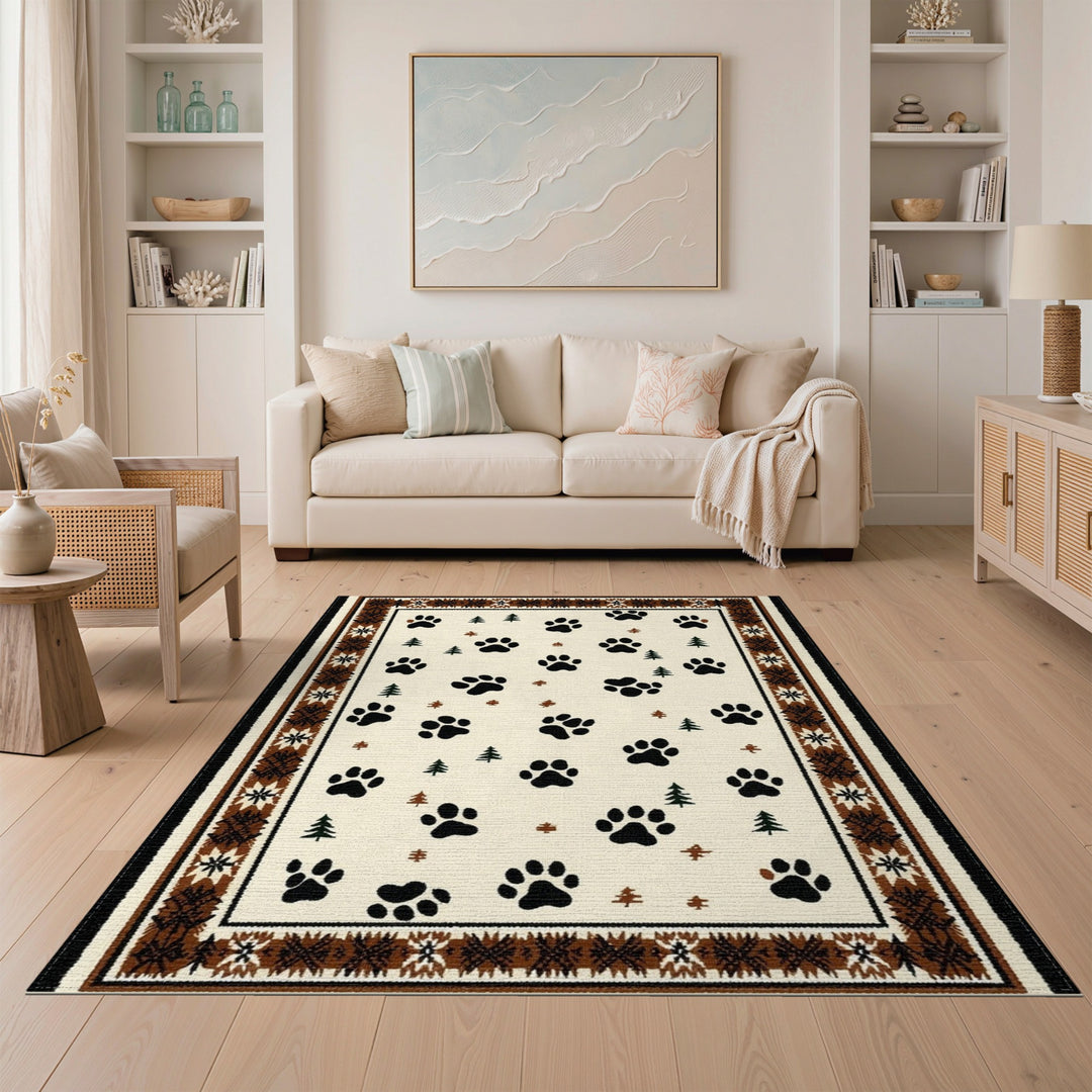 Rustic Paw Print Area Rug with Pine Trees