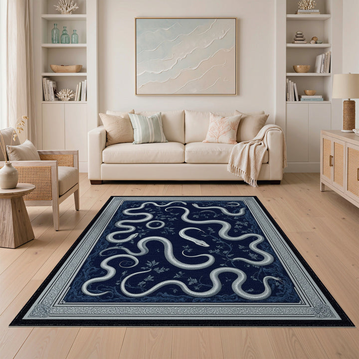 Silver Serpents Navy Blue Area Rug